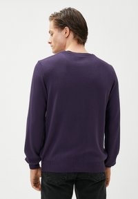 Lila leichter Strickpullover mit langen Ärmeln, Rundhalsausschnitt und gerippten Säumen. Getragen mit schwarzen Hosen, die eine glatte Textur zeigen.