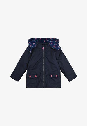Mornarsko modra jakna z zadrgo, dvema sprednjima žepoma, rožnatimi gumbi in oblogo kapuce iz vzorčaste flis tkanine.
