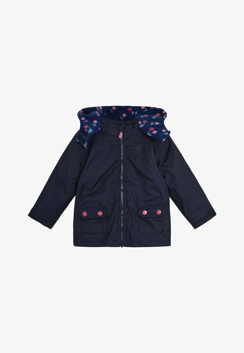Sötétkék dzseki cipzáras záródással, két elülső zsebbel, rózsaszín gomb részletekkel és mintás fleec-béléssel a kapucniban.