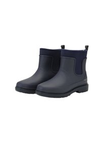 Marine waterdichte enkel laarzen met een gladde rubberen buitenkant, elastische zijpanelen en een gestructureerde zwarte rubberen zool voor grip.