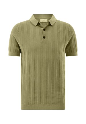 Short-sleeve olive green knit polo shirt with vertical textured stripes and two dark buttons on the placket.