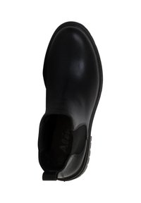 Zwarte leren enkellaars met ronde neus en elastische zijpanelen. Voorzien van een gestructureerde zwarte rubberen zool en een trekband aan de achterkant.