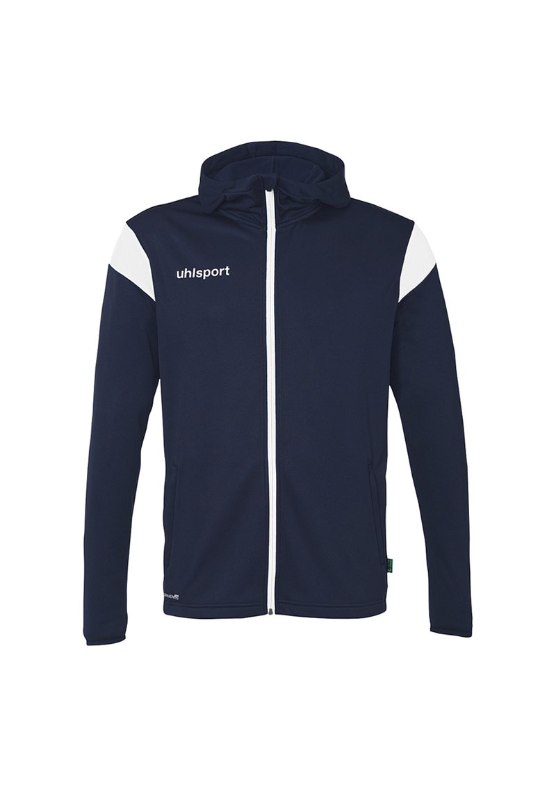 Navy zip-up jacket with a hood, featuring white shoulder accents and the "uhlsport" logo on the chest. Smooth fabric texture, regular fit.