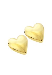 Náušnice ve tvaru srdce v zlatém tónu se hladkým, lesklým povrchem a zaoblenými okraji. Každá náušnice má trojrozměrný design.