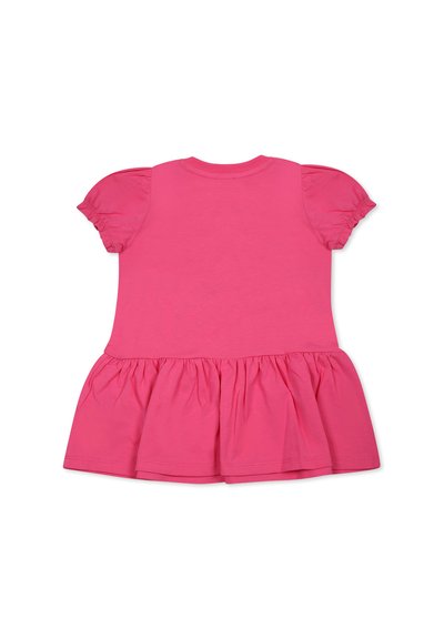 Abito rosa a maniche corte con gonna arricciata. Realizzato in tessuto morbido, presenta un collo rotondo e maniche con volant per un tocco di texture.