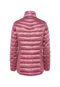 Chaqueta acolchada en rosa claro, con un cuello de cremallera y un patrón de costura en forma de chevron. Fabricada con un tejido brillante y suave, con puños elásticos.