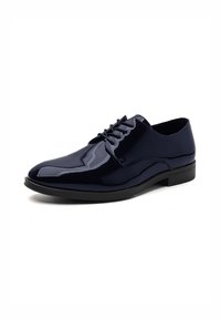 Scarpa da uomo in pelle verniciata blu navy con design elegante, punta affilata e chiusura con lacci. Presenta una finitura liscia e lucida.