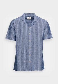 Kortekd mouwen blauwe gestreepte shirt van lichtgewicht stof, met een camp collar, vijf houten knopen en een rechte zoom.