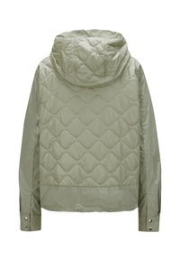 Gepolsterte Kapuzenjacke in Hellgrün mit glatter Textur, Druckknopfmanschetten und gewelltem Steppmuster auf dem Rücken.