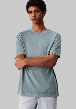 Camiseta de algodón azul claro con mangas cortas, cuello redondo y un sutil logo en el pecho. Textura suave con un corte relajado.