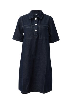 Dark blue short-sleeve denim dress with collar, three white buttons on placket, and two chest pockets.