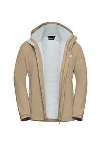 Veste imperméable beige avec intérieur doublé en mesh, capuche ajustable, fermeture éclair frontale et poignets élastiques pour un ajustement sécurisé.