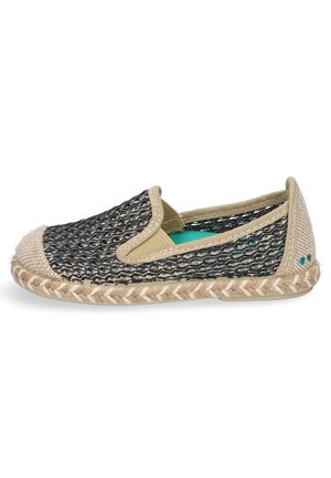 Slip-on shoe with a navy woven upper and beige accents. Includes a jute rope sole and green interior lining. Rounded toe and elastic sides.