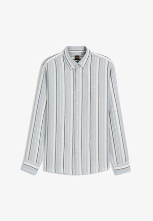Világoskék-fehér függőlegesen csíkos, hosszú ujjú, gombos ing, gombos gallérral és BOSS logóval a mellrészen.
