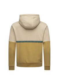 Beige és arany színű kapucnis pulóver, vízszintes kék csíkkal a háton. Bordás mandzsettákkal és aljjal rendelkezik, puha tapintású.