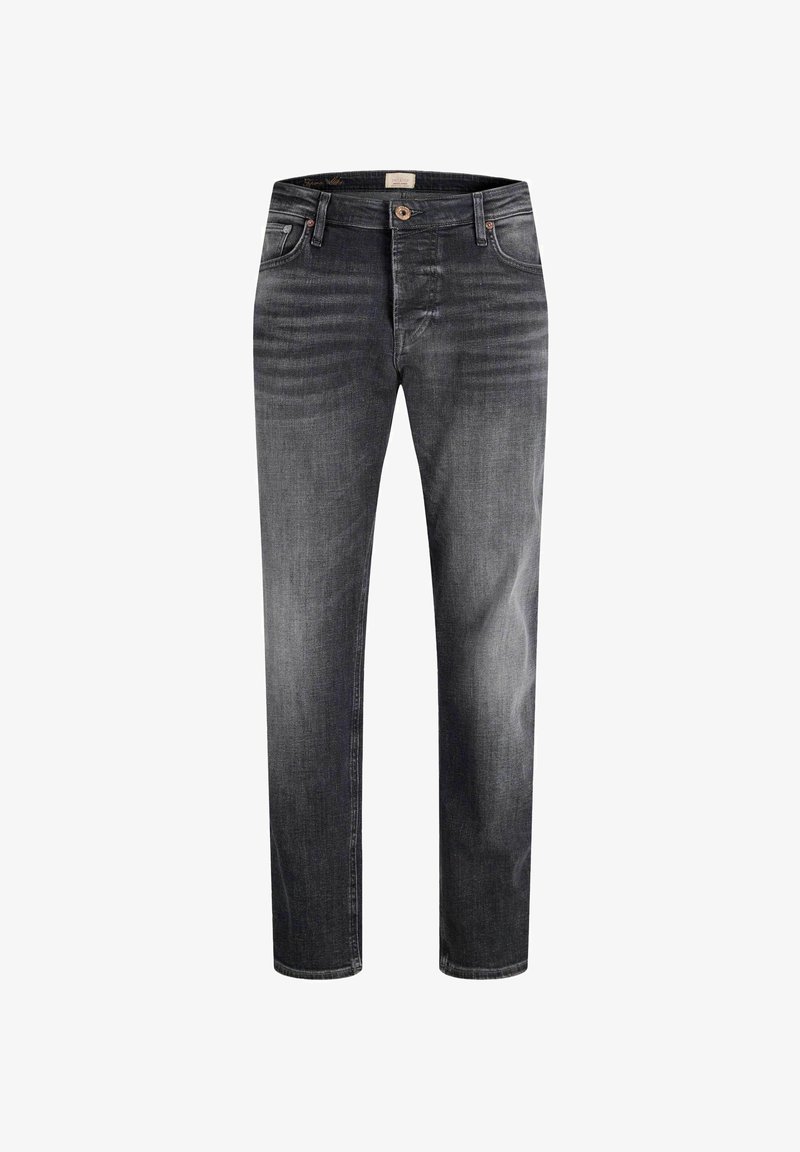 Menns slim-fit mørkegrå jeans med falmede detaljer, fem-lommers design, beltefeste, og beltehemper.