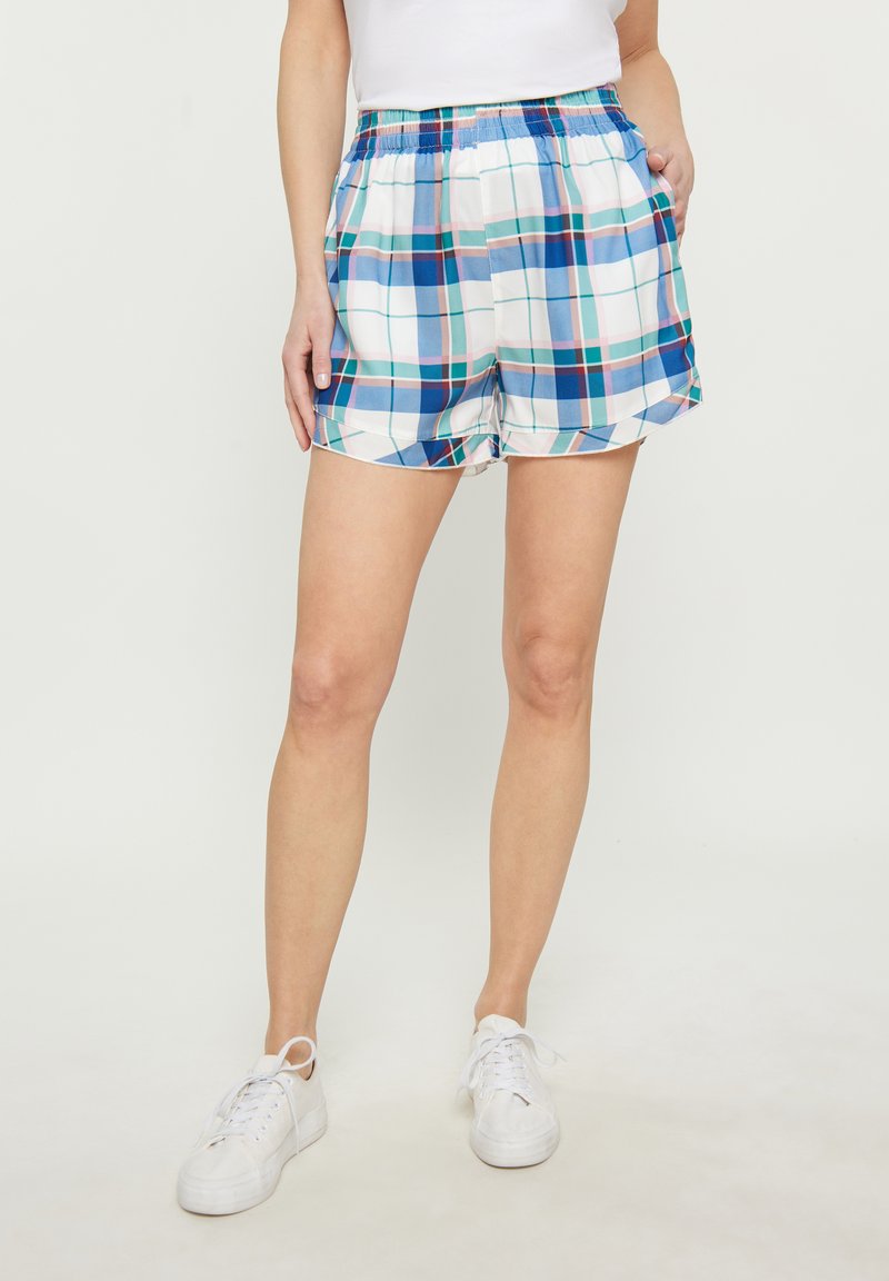 Blå och vit rutig shorts med elastisk midja, sidofickor och ett lätt tyg, med ett rutigt mönster i varierande nyanser.