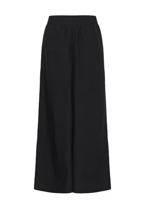 Fekete, bő szárú nadrág elasztikus derékpánttal, sima, könnyű anyagból készült. Egyszerű vonalvezetésű, látható zárak vagy díszítések nélkül.