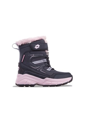 Black and pink winter boot with pink faux fur lining, hook-and-loop strap, elastic laces, and thick treaded sole for cold weather.