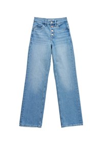 Jeans de pierna recta de talle alto en azul claro con cierre de botones y bolsillos frontales, dispuestos sobre un fondo blanco.