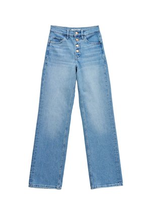 Jeans de pierna recta de talle alto en azul claro con cierre de botones y bolsillos frontales, dispuestos sobre un fondo blanco.