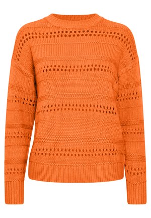 Orange knitted sweater featuring horizontal stripe patterns with open holes, a round neckline, and long sleeves.