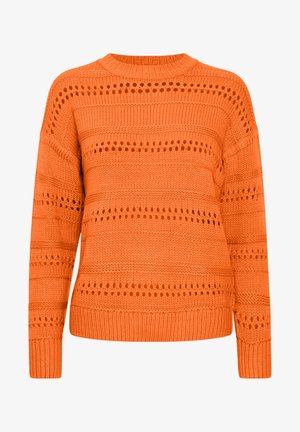 Pull en tricot orange avec des motifs de rayures horizontales et des trous ouverts, un col rond et des manches longues.