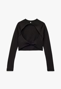 Zwarte langmouw crop top met een ronde uitsnijding aan de achterkant, gemaakt van rekbare stof. Heeft een ronde halslijn en een gedraaide voorkant.