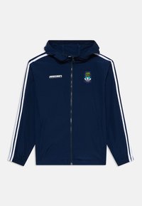 Navy windbreaker jacket with a hood, white side stripes, full zipper, and Minecraft logo on the chest. Lightweight, smooth texture.