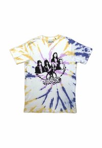 Short-sleeve tie-dye t-shirt with yellow and purple swirls, featuring a black graphic design of five figures and "Aerosmith" text at the center.