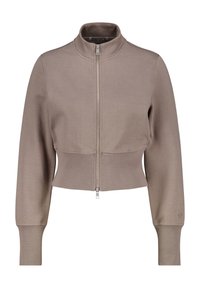 Giacca beige a zip, tagliata, realizzata in materiale liscio. Caratterizzata da un colletto alto e maniche aderenti con polsini a costine. Dettaglio del logo discreto sulla manica.