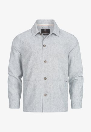 Lys grå button-up jakke lavet af tekstureret stof, med klassisk krave, fire forlommer og runde knapper.