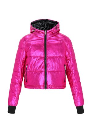 Rosa metallisch gläzend gepolsterte Jacke mit cropped Schnitt, schwarzem Reißverschluss und schwarzen Bündchen. Verfügt über eine gefütterte Kapuze und Seitentaschen.