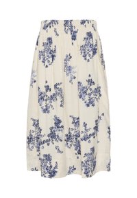 Midi suknja boje kreme s plavim cvjetnim uzorcima i elastičnim pojasom.