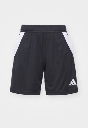 Black athletic shorts made of lightweight fabric, featuring white side panels and an elastic waistband. Includes Adidas logo in white.