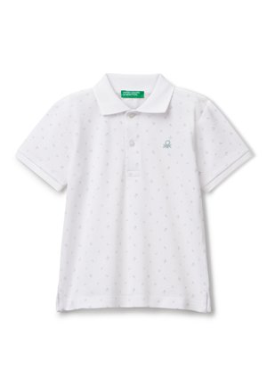 White polo shirt featuring a collar, small green logo, and a subtle patterned texture with blue accents. Buttons at the neckline.
