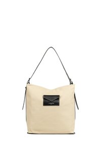 Borsa a spalla in tela beige con tasca e tracolla in pelle nera. Caratterizzata da un design elegante con una parte superiore arrotondata e chiusura con zip.