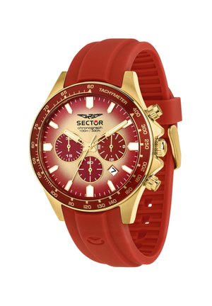 Orologio cronografo oro e rosso con cinturino in silicone rosso, tre quadranti sub, lunetta tachimetrica e finestra della data alle 4.