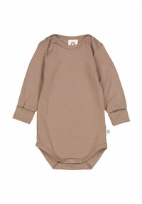 Body per neonato a maniche lunghe in morbido tessuto beige, con scollatura rotonda, chiusura a pressione nella parte inferiore e polsini aderenti.