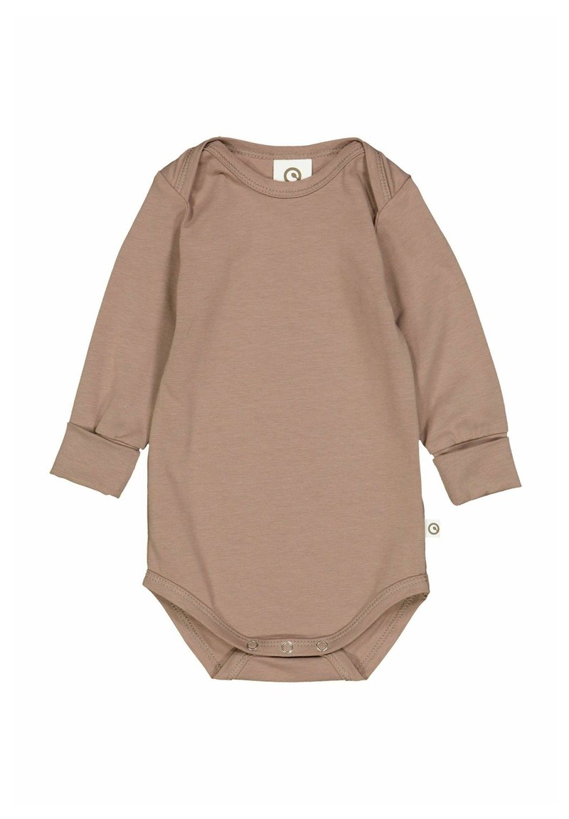 Body per neonato a maniche lunghe in morbido tessuto beige, con scollatura rotonda, chiusura a pressione nella parte inferiore e polsini aderenti.