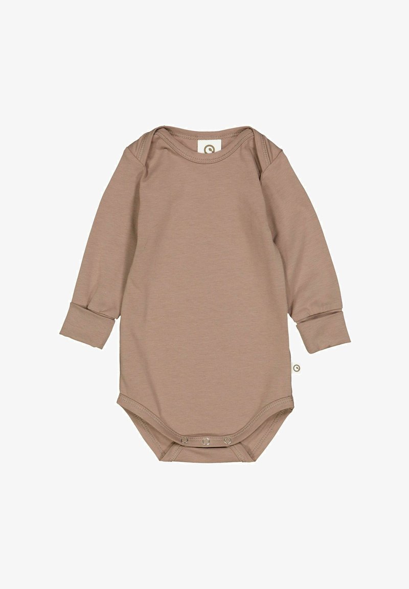 Body per neonato a maniche lunghe in morbido tessuto beige, con scollatura rotonda, chiusura a pressione nella parte inferiore e polsini aderenti.