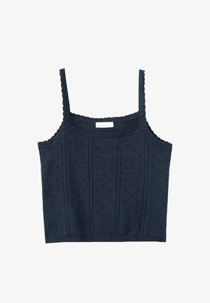 Top corto senza maniche in maglia blu navy scuro con sottili bretelline e leggero motivo a occhielli verticali.