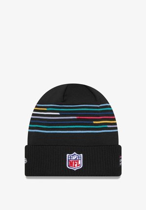 Bonnet en tricot noir avec des rayures horizontales multicolores, logo NFL brodé à l'avant et bord côtelé en bas.