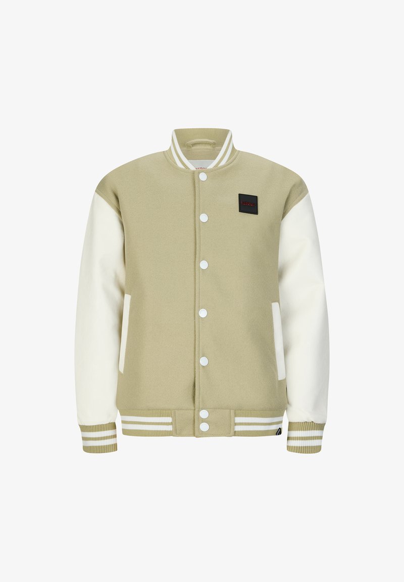 Helles grünes College-Jacket mit weißen Ärmeln, gerippten Bündchen und einem Druckknopfverschluss vorne. Besitzt ein kleines schwarzes Logo-Patch auf der Brust.