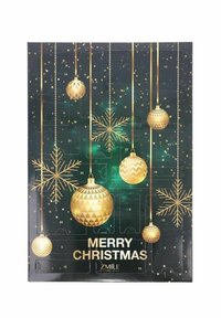 Adventskalender med grön bakgrund, gyllene prydnader, snöflingor och stjärnor. Texten "GOD JUL" i fetstil, centrerad längst ner.