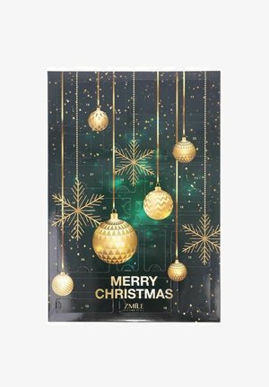 Adventskalender med grön bakgrund, gyllene prydnader, snöflingor och stjärnor. Texten "GOD JUL" i fetstil, centrerad längst ner.