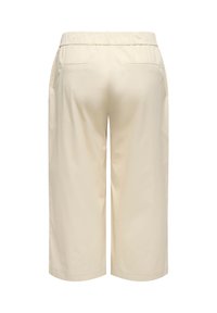 Μπεζ παντελόνι wide-leg cropped με ελαστική μέση και δύο πίσω τσέπες με σχισμές, σε λευκό φόντο.