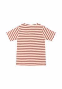 Dryžuota trumpa rankovė chemise šviesiai rožinės ir kreminės spalvos, su apvaliu kaklu ir riba tekstūra ant nugaros.