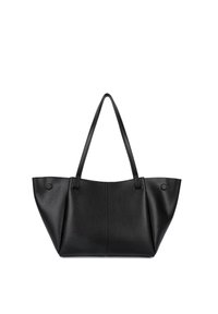 Sac fourre-tout en cuir noir avec une forme structurée, deux anses, une surface texturée et un design minimaliste avec deux accents latéraux.
