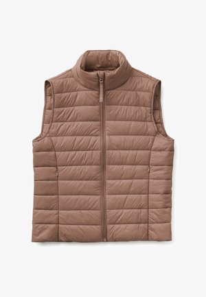 Mouwloos bruin gewatteerd vest met opstaande kraag en ritssluiting aan de voorkant, ontworpen voor warmte en casual draagcomfort.